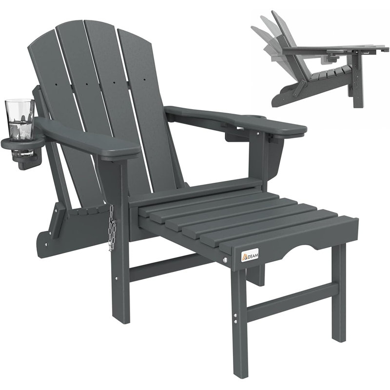 3-Level Adjustable Adirondack Chair with Retractable Ottoman – HDPE All-Weather Folding Chair with 2 Cup Holders – Perfect for Deck, Patio, Garden, or Backyard,Gray