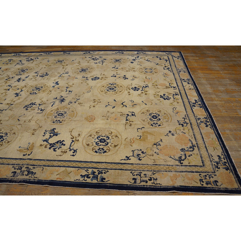 Antique Ningxia Chinese Allover Floral Ivory 1840s Rug