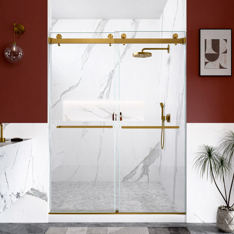 56"-60"W X 80"H Frameless Double Sliding Shower Door, 3/8" (10Mm) Thick SGCC Tempered Glass Door, Brushed Gold
