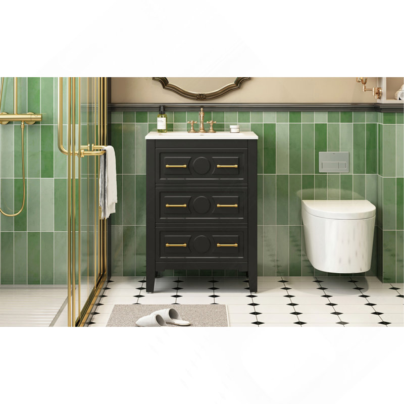 Ensemble de meuble-lavabo sur pied 24 po avec lavabo en céramique, ensemble de meuble-lavabo simple autoportant avec 3 tiroirs et cadre en bois massif