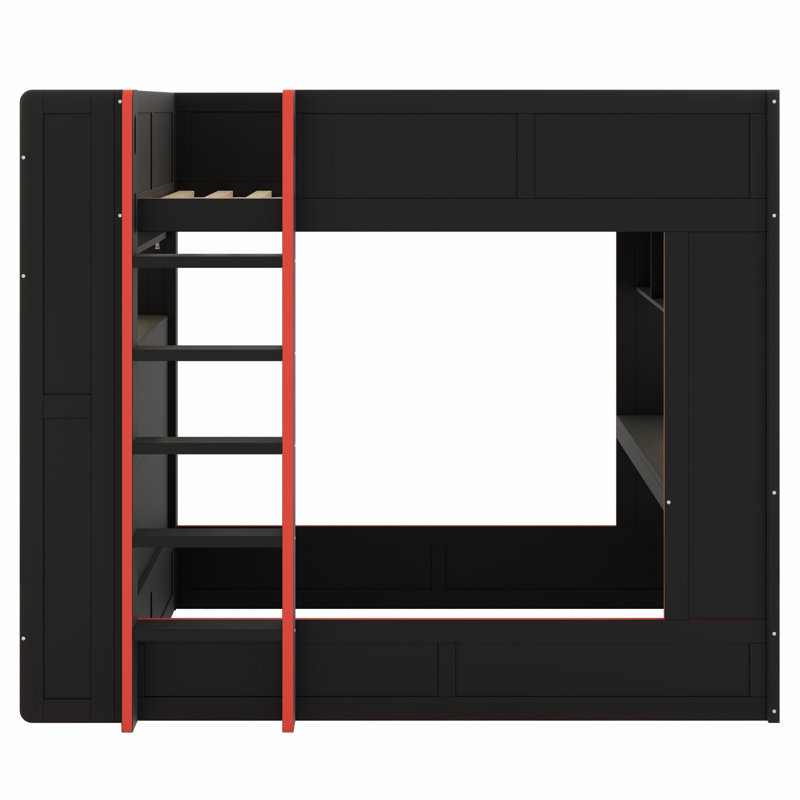 Structure de lit superposé en bois robuste avec bureau, tablettes de rangement, lumières DEL et station de charge
