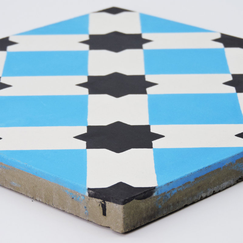 Ait Baha 8" x 8" Cement Patterned Wall & Floor Tile, Blue/Black