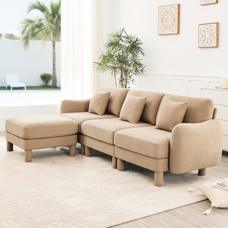 3, tissu bouclé, canapé, couleur café, en forme de coquillage, système de ressorts, siège confortable en forme de L convertible, modulaire, amovible, intérieurs modernes