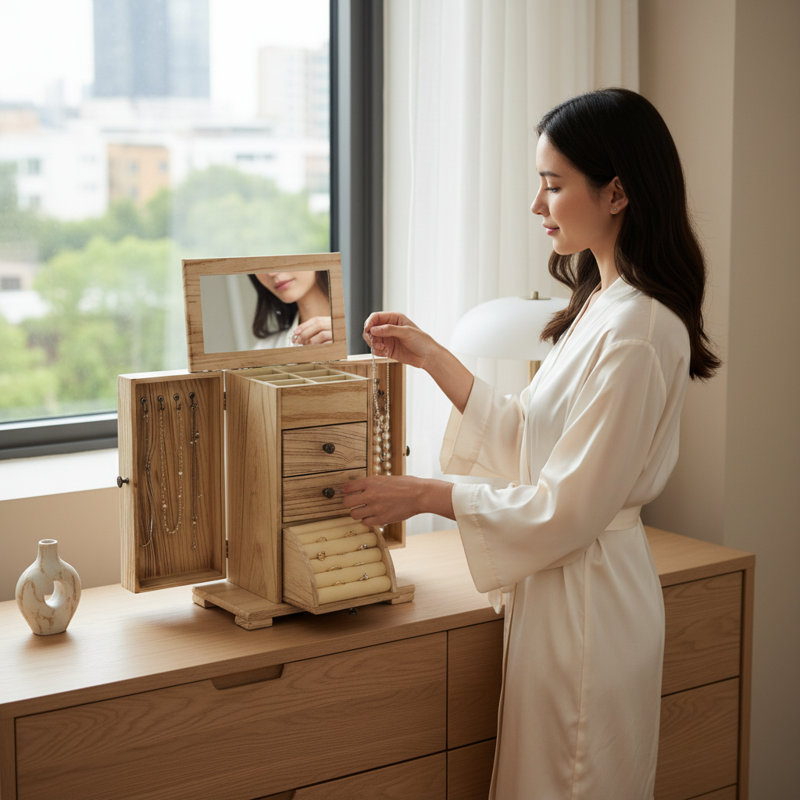 Boîte à bijoux en bois avec miroir et 2 tiroirs pour bagues, boucles d'oreilles et colliers