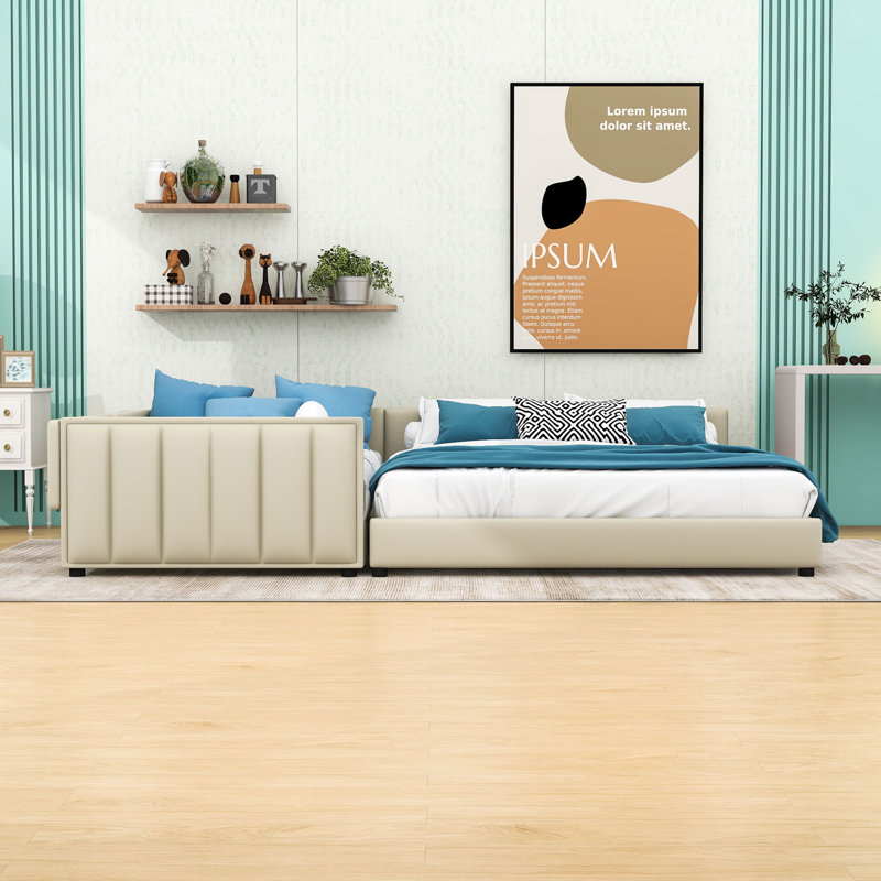 Grand lit plateforme tapissier Aalijah, Beige