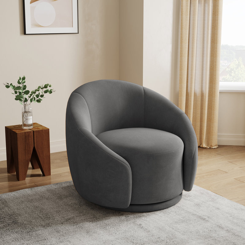 Fauteuil demi-tonneau pivotant rembourré Aunna, Velours gris velours