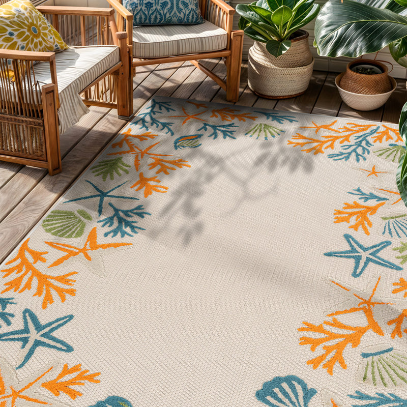 Tapis ivoire / multicolore intérieur / extérieur Coastal Border, Multi, Rectangle 4pi x 6 pi
