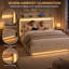 4ft6 Double Bed Frame with RGB LED Lights, Upholstered Linen Double Storage Bed with 4 Drawers & Charging Station, Tufted Headboard Platform Bed, No Box Spring Needed-894266880-894266882