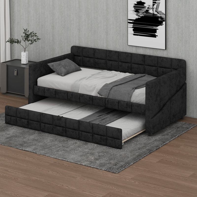Lit de jour moderne simple avec couchette coulissante, canapé-lit en velours avec 4 poches de rangement latérales, Black