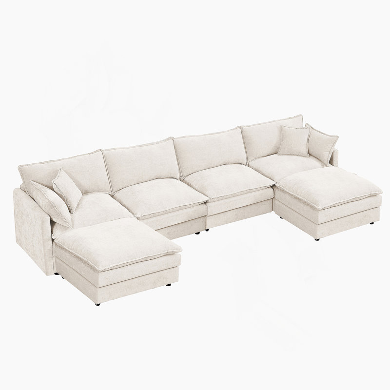 130.7 Inch Beige Chenille Modular Sectional Sofa - 4-Seater U-Shaped Cloud Couch With Movable Ottoman, DIY Combination For Living Room