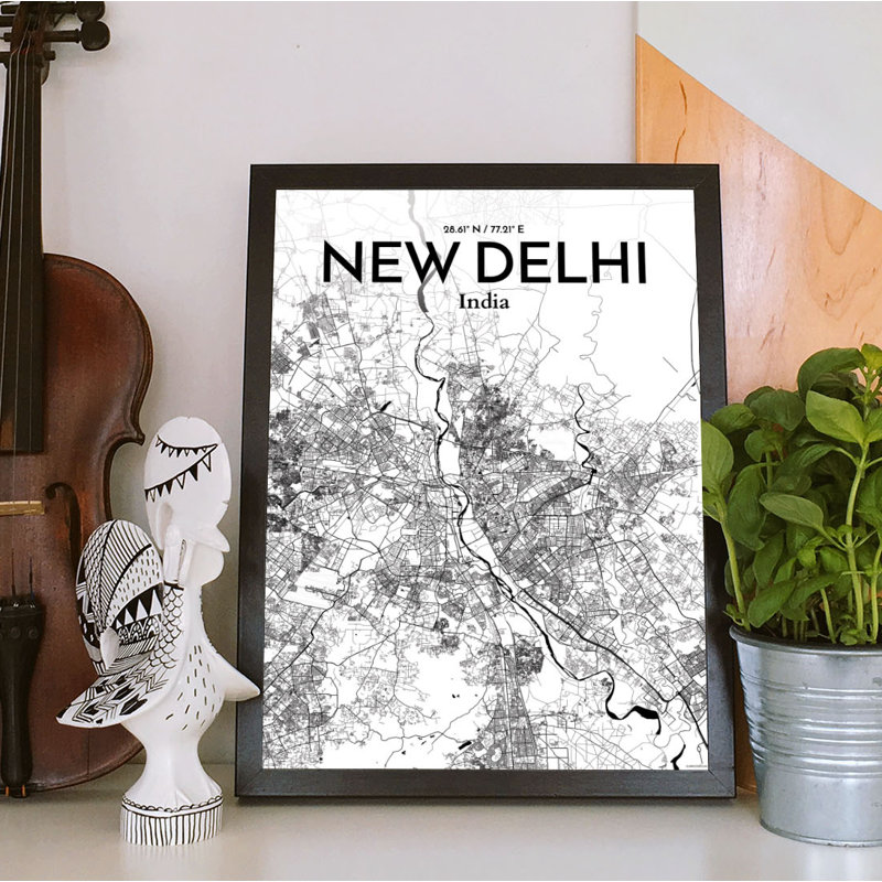 New Delhi City Map - Unframed Graphic Art Print on Paper, 50.8cm H x 40.6cm W x 0.13cm D, Black/White