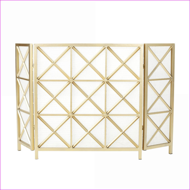 Fireplace Screens | Margaret 3-Panel X Pattern Iron Screen 30.25"H x 48.5"W | Gold | Iron