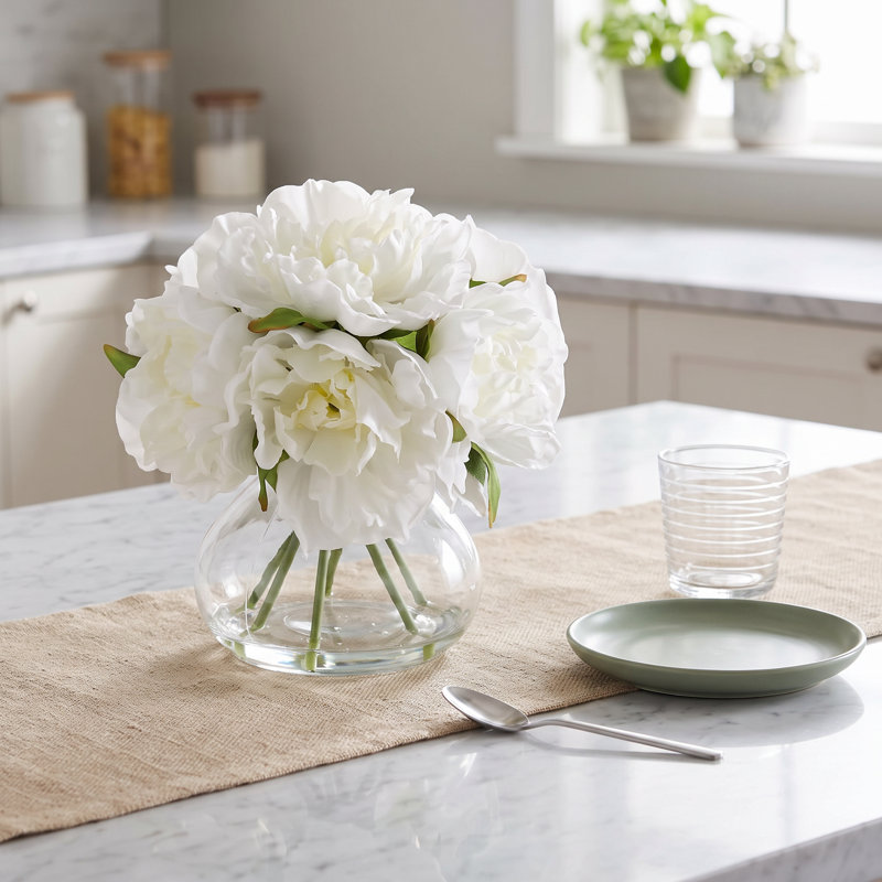 Pivoines blanches, fleurs artificielles avec vase, arrangements de fausses pivoines, vase en verre