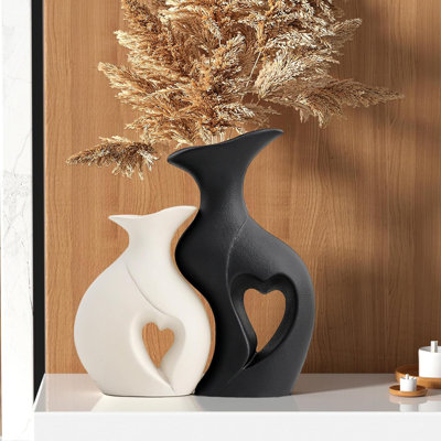 Black & White Heart-shaped Ceramic Vase Set Of 2