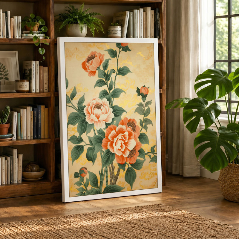 Three Roses Botanical - Wrapped Canvas, 18x12 - 45.7 x 30.5 cm, Teal Border