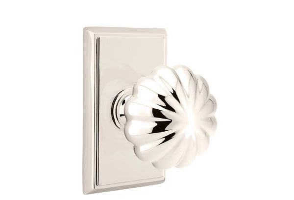 Emtek Privacy Interior Mortise Set w/ Rectangular Rosette & Melon Knob (RH), Polished Nickel