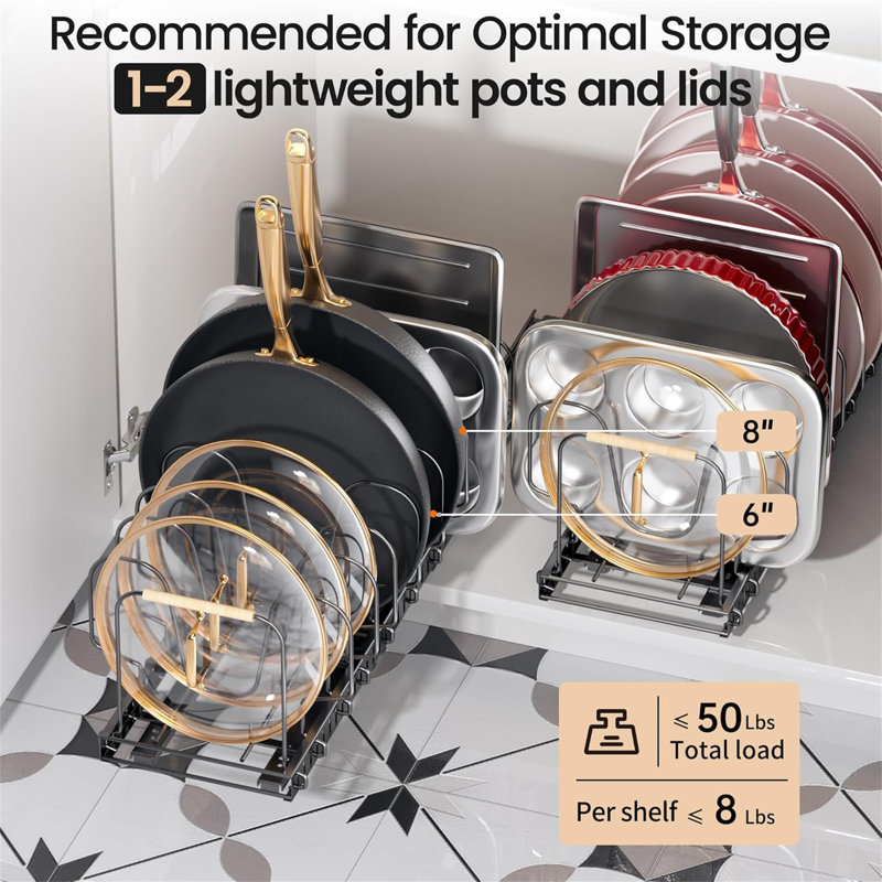Two-piece under cabinet pull out pot rack with adjustable dividers and handle dividers, suitable for kitchen storage, space saving, practical and convenient.