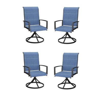 Ensemble de 4 chaises de patio d'extérieur pivotantes, chaises berçantes pivotantes pour patio avec structure en métal noir thermolaqué et tissu textilène bleu, chaise berçante confortable à haut dossier pour l'extérieur, porche avant