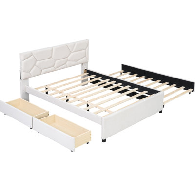Upholstered Platform Bed In Beige, With Brick Headboard Pattern And Twin Trundle, 2 Drawers For Extra Space Full Size Trundle Drawers, Linen Fabric, Particle Board Frame