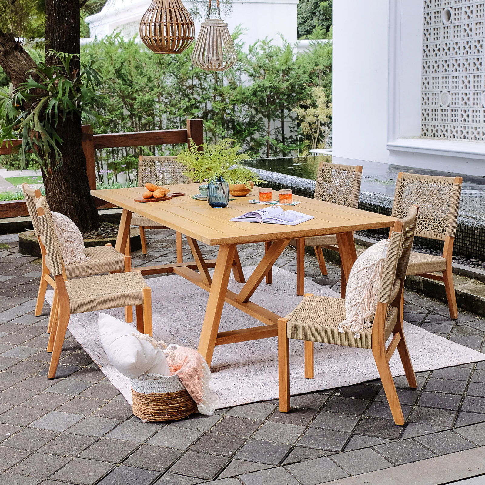 Seras 90" Teak Patio Dining Set, Tan