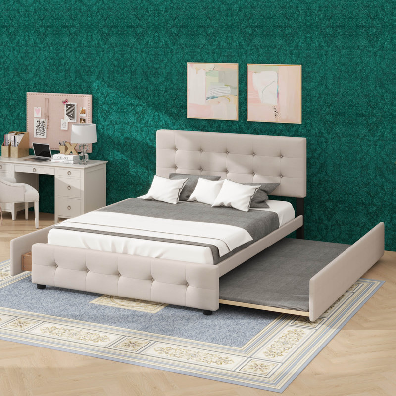Grand lit plateforme en tissu avec deux tiroirs sous le lit et un lit gigogne, Beige foncé