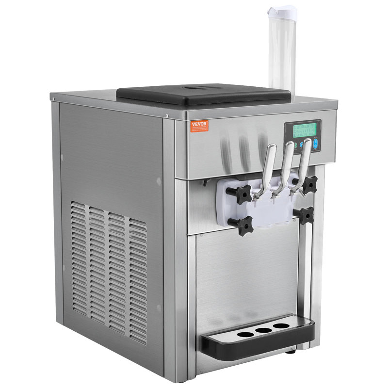 Machine à crème glacée commerciale, rendement de 21 pte / h, machine à crème glacée pour comptoir à 3 saveurs 1800 W à 3 saveurs, trémie de 4 L, 2 cylindres de 1,8 L, pré-refroidissement automatique du panneau ACL, pour le casse-croûte du restaurant