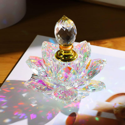 Crystal Glass Lotus Perfume Bottle, Handmade Floral Decorative Accent, Small Refillable Bottle for Bedroom Vanity and Tabletop Display