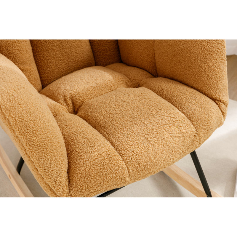 Chaise berçante kaki avec rembourrage en mousse - structure en bois d'eucalyptus, tissu doux, dossier, capacité de 250 lb, salon / chambre à coucher pour pièce remplie, base, moderne