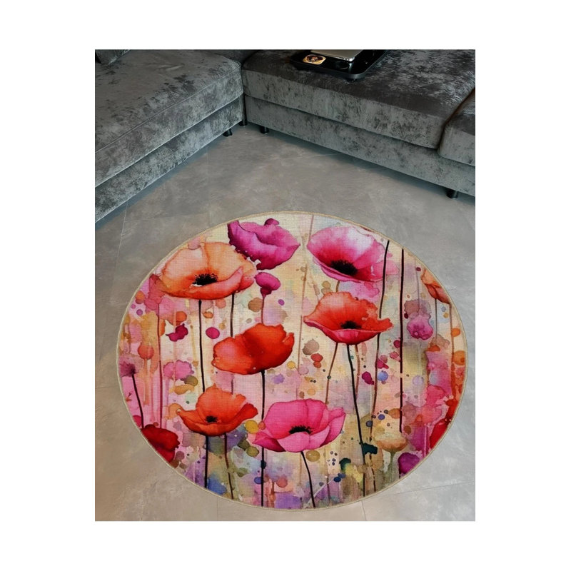 Woven Base Modern Decorative Carpet With Multicolored Poppy Flower Details, Round 3'4"