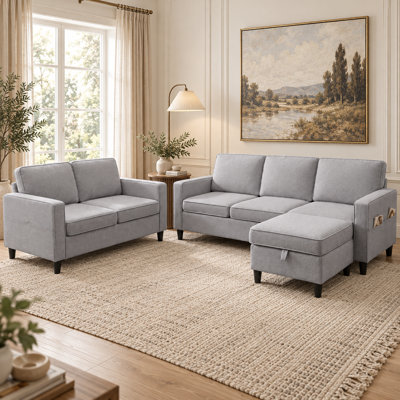 Ensemble de salon 3 pièces en lin avec repose-pieds, canapé modulaire et causeuse avec poches latérales, gris clair