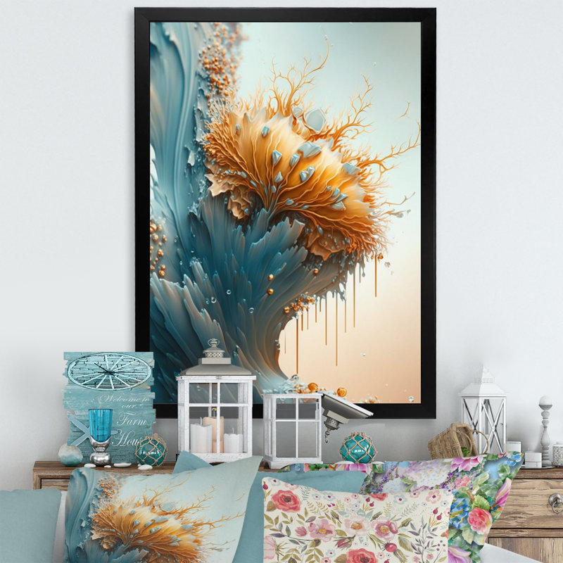 «Abstract Blue and Gold Leaves I», reproduction sur toile, H 44 po x l 34 po x P 1,5 po, Impression noire sur toile encadrée