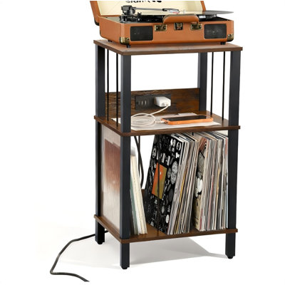 Record Player Stand With Charging Station， 3 Tier Vinyl Storage Shelf Holds 100+ Albums, Sturdy Metal Frame End Table For Living Room，Small Apartment