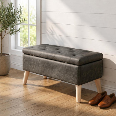 Banc de rangement avec repose-pieds de 32 po de large avec plateau intégré, repose-pieds carré avec rangement supplémentaire, repose-pieds rembourré et banc de bout de lit, parfait pour le salon, la chambre à coucher, le salon, la détente, le style moderne