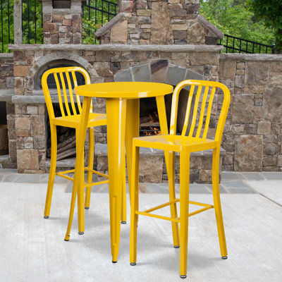 Drumfane 30'' Round Metal Indoor-Outdoor Bar Table Set with 2 Vertical Slat Back Stools