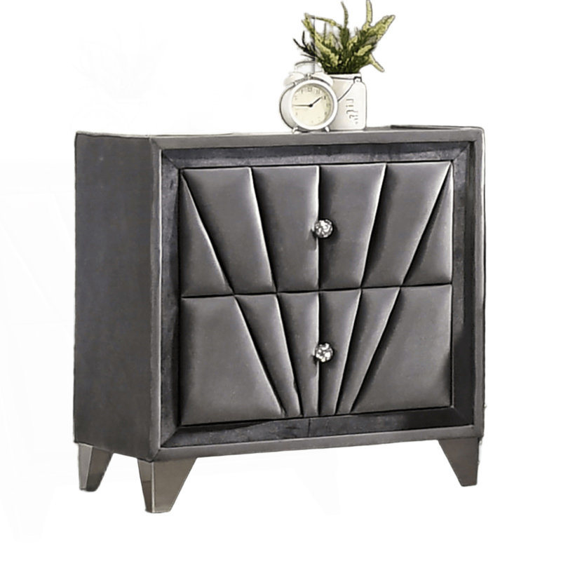 Fully Upholstered Frame 1Pc Nightstand With Crystal-Like Acrylic Knobs