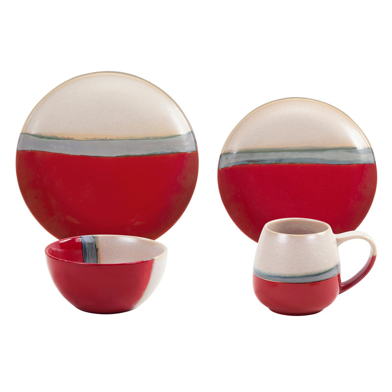 Pasadizo Red and Cream Brushstroke Waves Pattern Western Rustic Lodge 16 Piece Ceramic Dinnerware Set