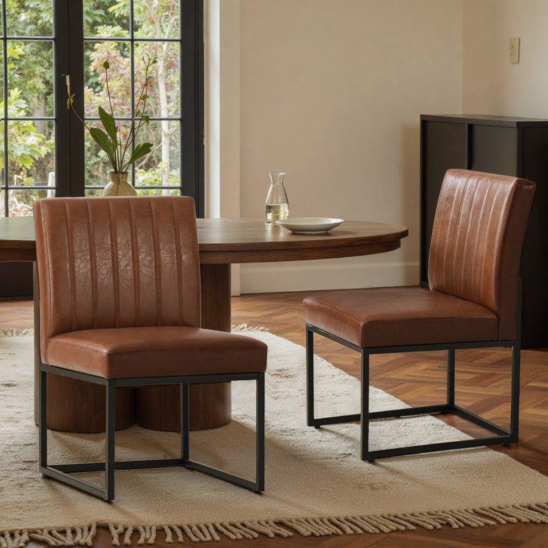 Faux Leather Upholstered Metal Side Chair, Brown