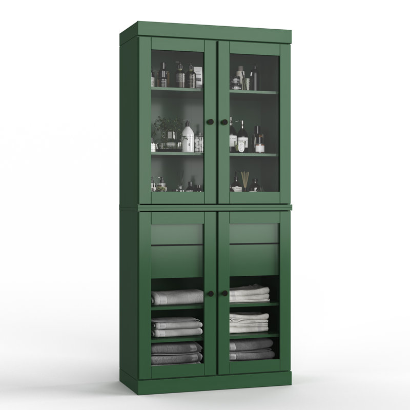 32" W x 71.5" H 100% Solid Wood Freestanding Bathroom Storage Cabinet with Clear Glass Doors, 2 Drawers & Adjustable Shelves – Modern Bathroom Organizer