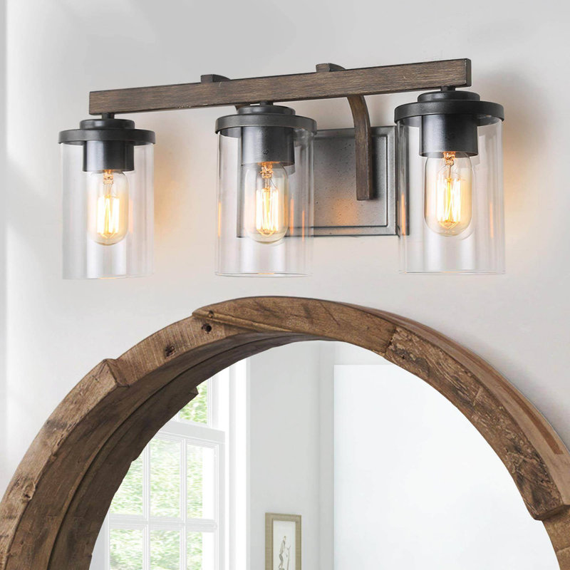 Ifill 3 Dimmable Faux Wood Farmhouse Vanity Light, Rustic Dark Silver & Faux Wood, 3 Lights