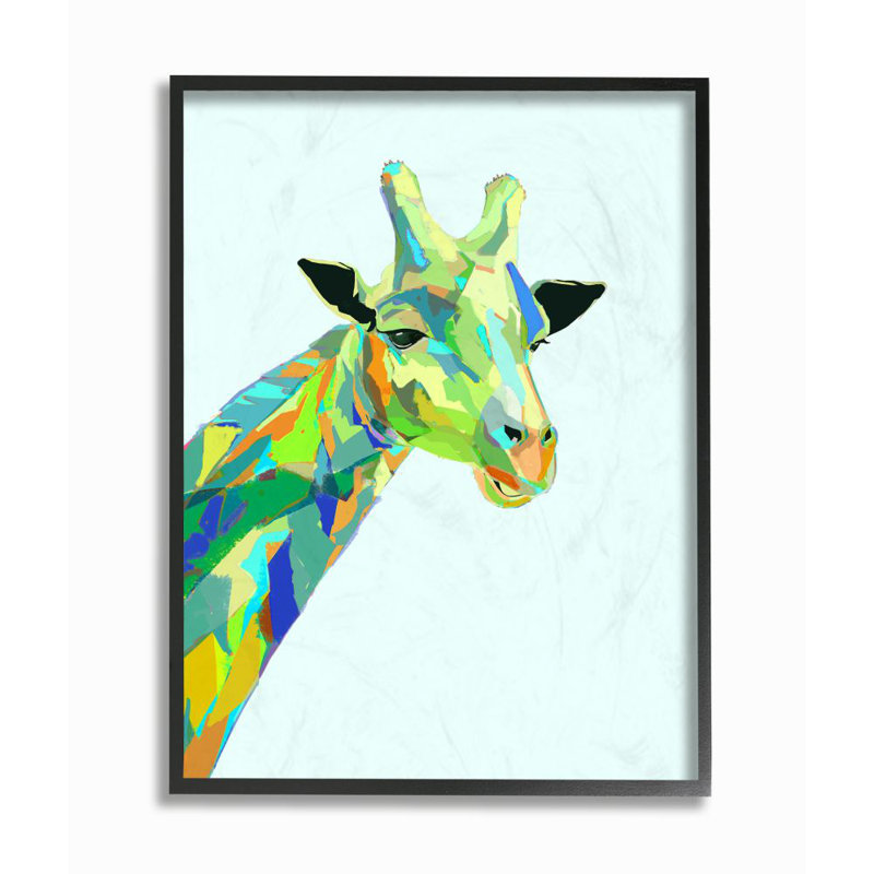 «Giraffe Abstract Shapes Blue Green Animal Design» par Ziwei Li - impression d'art graphique, Giclée encadrée noir minuit