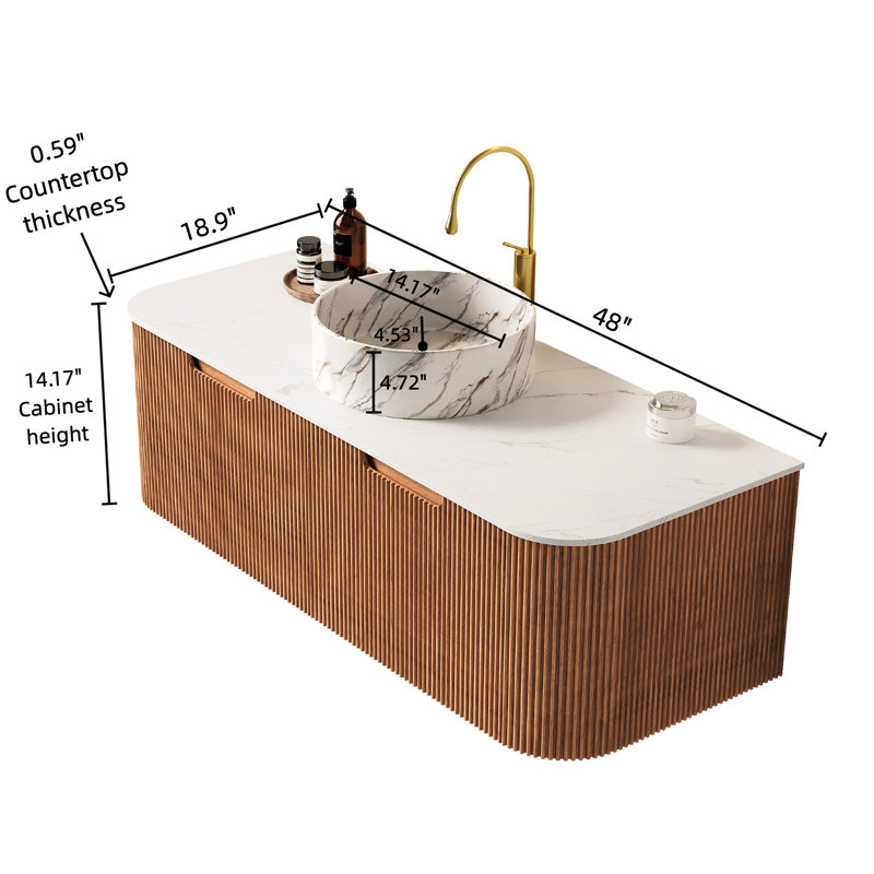 Meuble-lavabo rond blanc en céramique 48 po, armoire murale 2 tiroirs, grain de bois naturel, armoire de rangement pré-assemblée et efficace avec tiroirs, stable