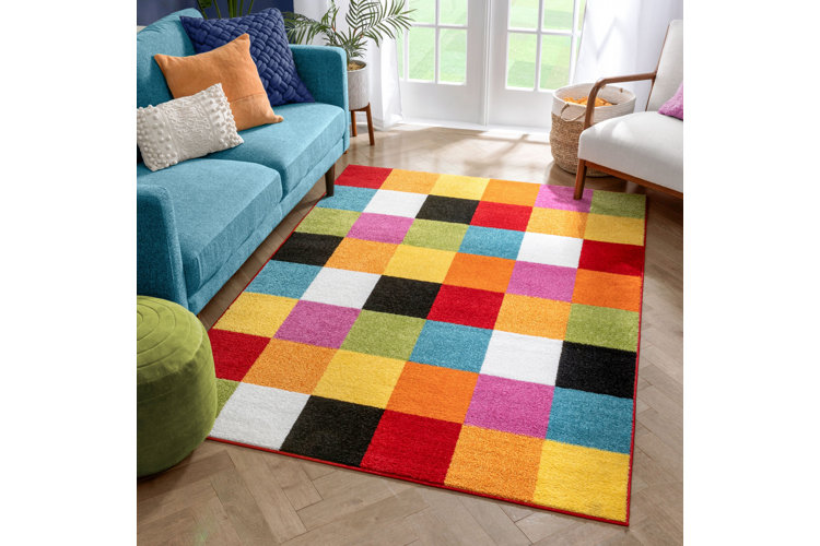 Abdulkadir Geometric Bright Red/Blue/Yellow Area Rug