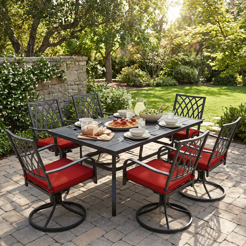 Outdoor Dining Set With Swivel Patio Chairs and Red Cushions for Backyard, Lawn, Deck, Porch, All Weather Resistant, Black, 6