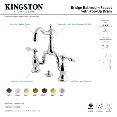 Robinet de salle de bain pont à deux poignées et fixation sur le comptoir à 3 trous Kingston