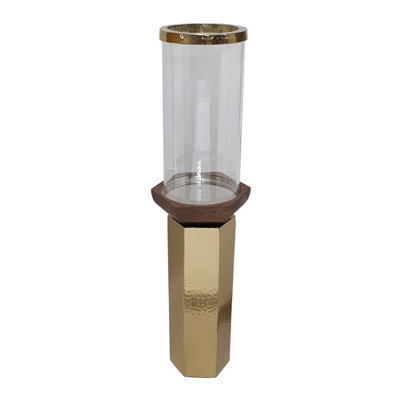 Gemo Hurricane Candle Holder With Gold Base, Mango Wood Accent 20 Inch