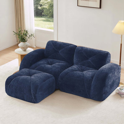 L-Shaped Boneless Sofa with Soft Velvet Fabric, 32D High-Density Sponge & Movable Ottoman - No Assembly
