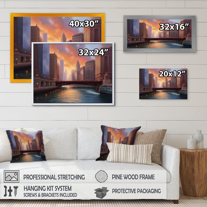 Chicago City Scene I, reproduction d'art sur toile, H 30 po x l 40 po x P 1,5 po, Toile tendue