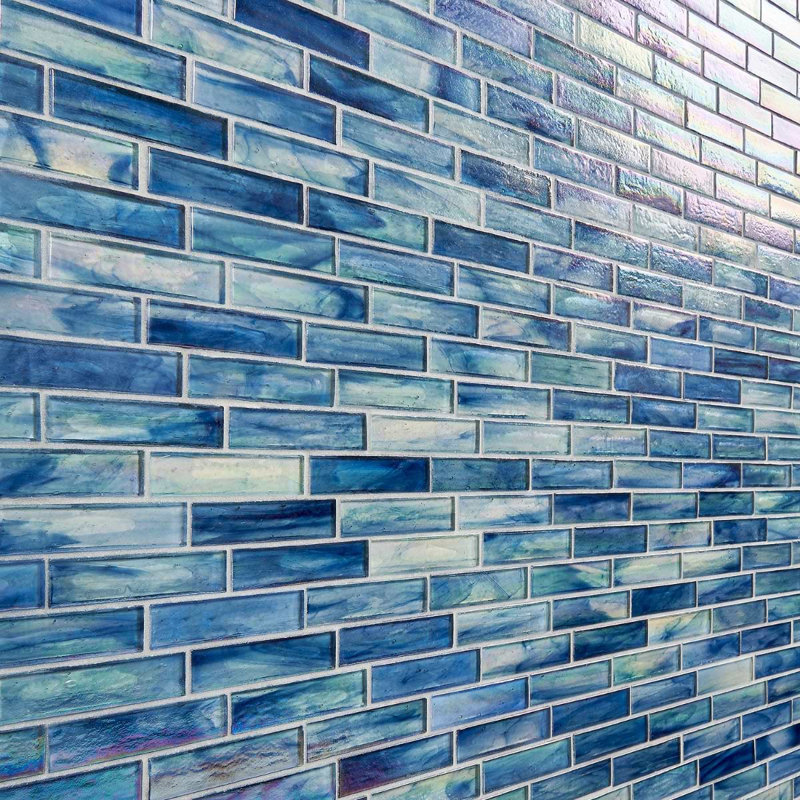 Artwater Iridescent 12x12 Brick Iridescent Polished Glass Mosaic Tile, Beach Blue