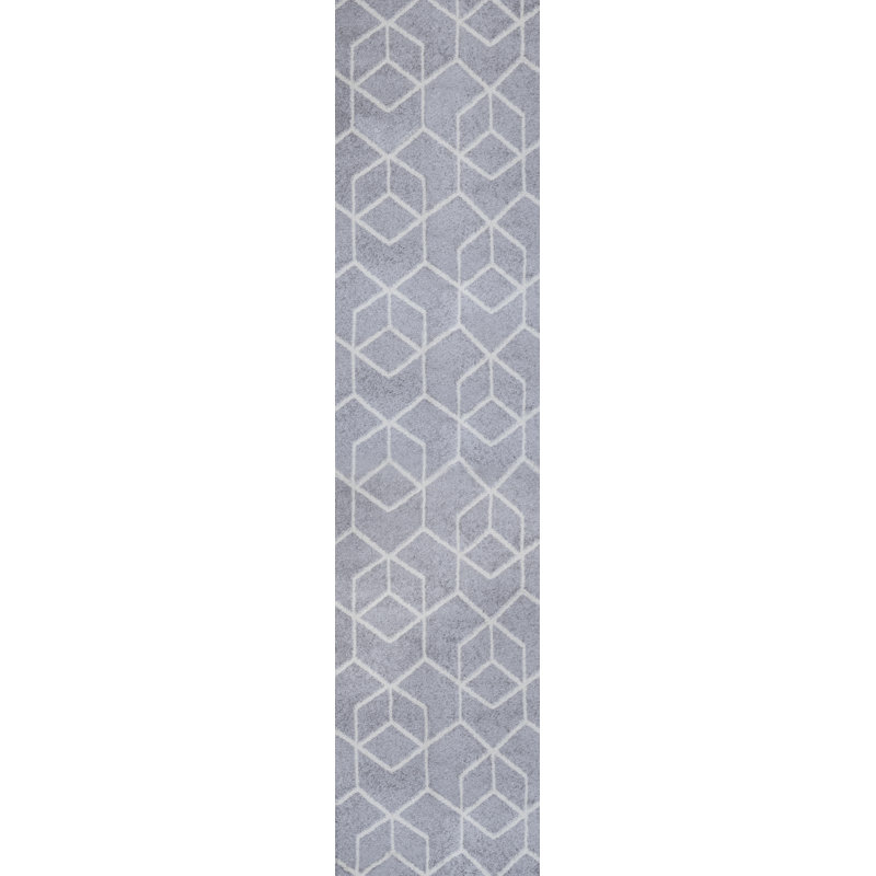 Mashawna Blocks Modern Geometric Light Gray/White Rug, Runner 2' x 8'