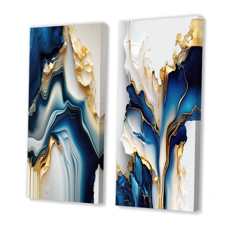 Géode abstraite, marbre doré et bleu - Ensemble d'art mural encadré en marbre abstrait, Toile tendue, Sans cadre